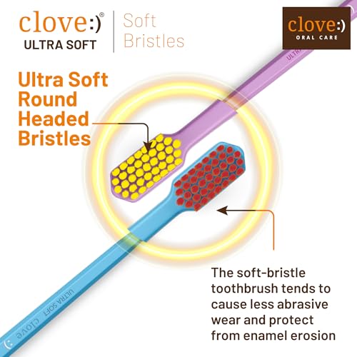 Image of Clove Ultra Soft Manual Toothbrush, Pack of 5, Perfected for Sensitive Teeth & Gums,4160 Ultra Soft Dupont Filaments, Diamond Shaped Small Head,7X Denser Bristles, Better Reach Gentle Cleaning, Vibrant & Assorted Colours , Suitable For 6+ Years