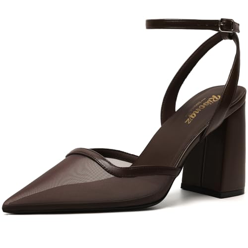 Image of RIBONGZ Block Heels for Women Closed Pointed Toe Heeled Slingback Chunky High Heel Ankle Strap Pumps Patent Leather Comfort Dressy Shoes for Work Party Prom Wedding Bridal Dress