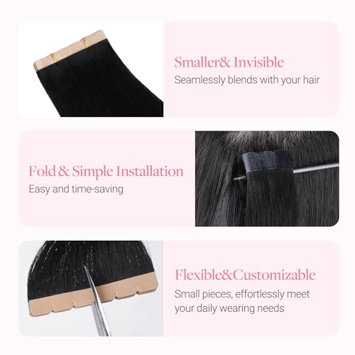 Image of GOO GOO Tape in Hair Extensions, Soft Skin Weft Seamless, Remy Human Hair | Mini Tape Cut to Fit, Easy Install, 16 Inch 40g 10PCS, 1 Jet Black