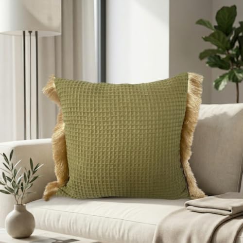 Image of Olive Green Cushion Covers - 16x16 Inch | Set of 2 | Hand-Woven Fringed Cotton Decorative Covers for Sofa, Living Room & Bedroom Decor | Square Shape Cushion Cases