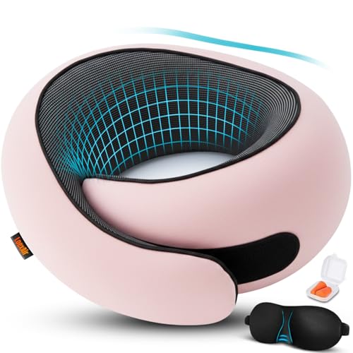 LoexAir Nackenkissen Flugzeug Reisekissen für Flugzeug Auto - 100% Baumwolle & Memory-Schaum Nackenhörnchen Leicht & einfach mitzunehmen komplettes Reiseset (Schlafmaske Ohrstöpsel)- Sakura Pink