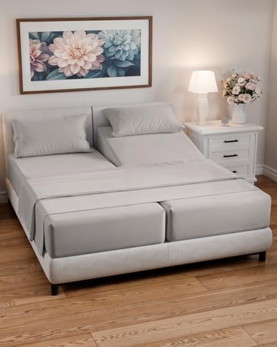 Image of Split Cal King Bed Sheet Set - 5 Piece Split Cal King Sheets - Light Grey | Ultra-Soft, Breathable & Cooling - Comfy, Wrinkle & Fade Resistant - Fits 8 inch to 16 inch Inch Mattress with Deep Pockets