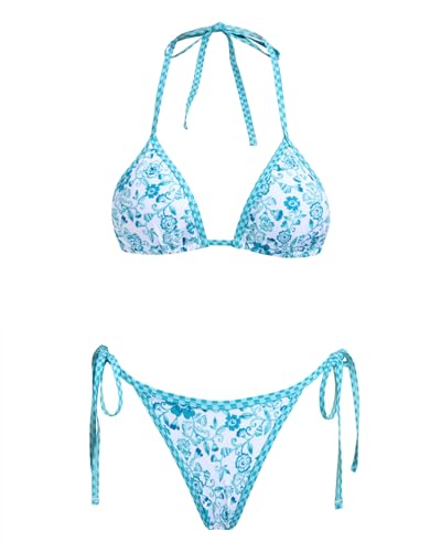 Image of Women's Triangle Bikini Set String Swimsuit Print Tie Smocked Ruched Two Piece Bathing Suit