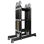 TOUGH MASTER Multi-Purpose Aluminium Ladder EN131-6 Certified Folding Extension Ladder with Platform, Professional Combination Ladder for Stairs, Decorating, Loft & Garden Use