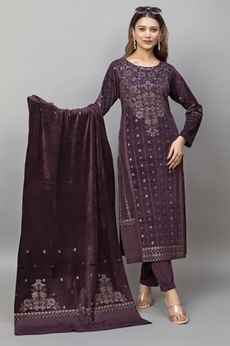 Image of HIFZAA velvet kurta palazzo set with dupatta for womens printed winter wear suit M to 4xl