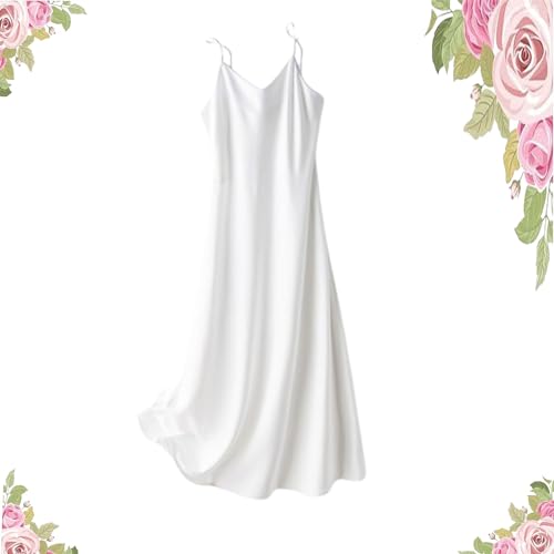 UFZKOOEP Langes Strapskleid aus Satin, Strapskleid aus Satin mit Spaghettiträgern, langes Satinkleid (S,White)