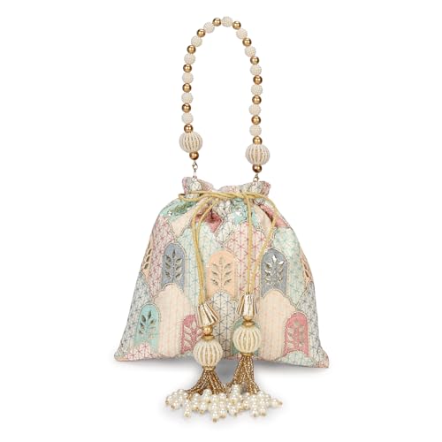 Image of LONGING TO BUY Indian Embroidered Pearl Potli Bag For Women, Sequence Design with Tassel, Wedding Potli Bags