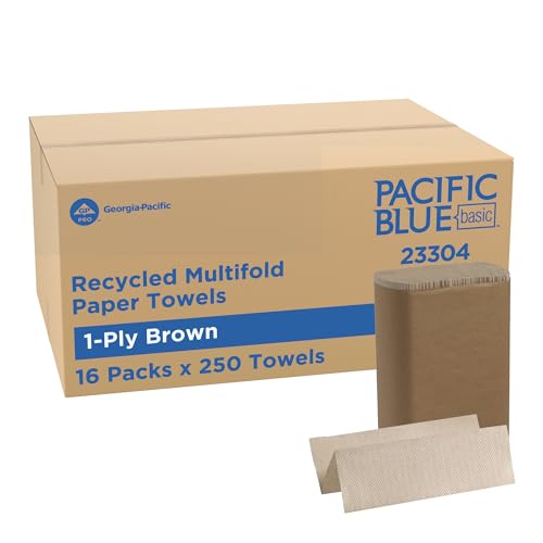 Image of Pacific Blue Basic by Georgia-Pacific PRO Recycled Multifold 1-Ply Paper Towels, Brown, 9.4 inch x 9.2 inch (LxW), 250 Towels Per Pack, 16 Packs Per Case, 23304