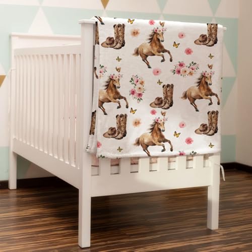 Image of HawSkgFub Horse Rose Floral Baby Blankets Girls Shower Gift, Western Cowgirl Hat Boots Pink Flower Fleece Nursery Bed Receiving Swaddle, Wild West Soft Newborn Infant Toddler Kids Crib Bedding 30 x 40
