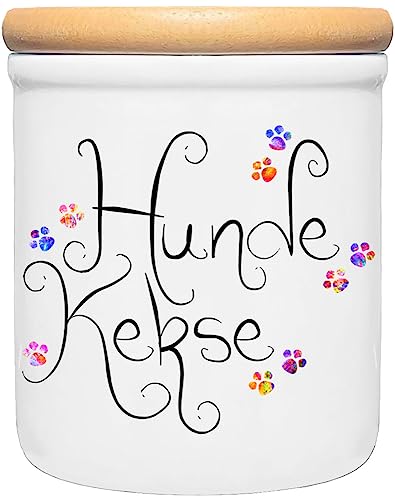 Cadouri Keramik Leckerli-Dose » Hundekekse «┊Snackdose Keksdose Aufbewahrungsdose┊mit Holzdeckel