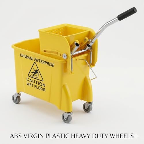 Image of Single Bucket Wringer Trolley Mini Mop Bucket | 20 Litre, Yellow | Multipurpose Cleaning Bucket with Wringer
