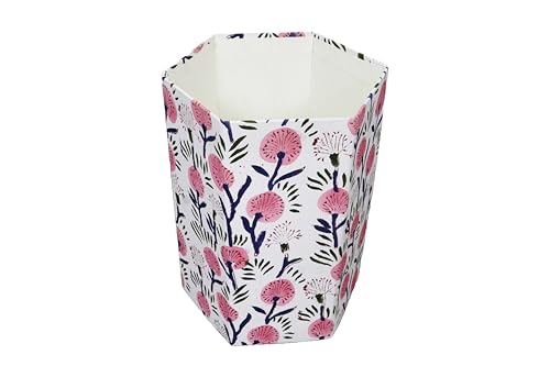 Image of 3.3 Gallon Cotton Hand Block Printed Paper Waste Basket |Small Decorative Trash Can for Housewarming Gifts in Living Room, Bedroom, Bathroom | Eco-Friendly, Plastic-Free (1, White Pink FLOWAR)