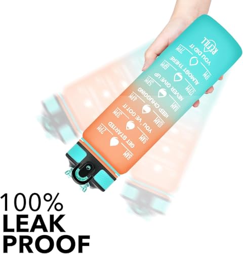 Image of TEKCOOL Motivational 1L Capacity Orange Green Plastic Bottle with Straw | Leakproof, Durable, BPA-Free | Ideal for School /College /Office /Travel, Sports /Outdoor Activities'