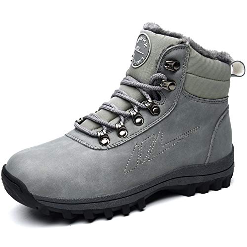 Impdoo Mens Womens Winter Snow Boots Warm Waterproof Fur Lined Non Slip Leather Ankle Hiking Climping Booties (Grey US Women 8 B(M) Men 6.5 D(M)
