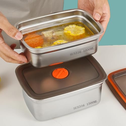 Image of Honbuty 1000Ml & 1500Ml Stainless Steel Food Storage Containers | 316 Food Grade Fridge Storage Container Leakproof & Portable Kitchen Organizer (Sys 1000 Ml+1500 Ml),Silver
