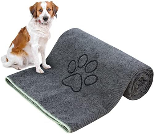 KinHwa Large Microfibre Dog Towel 127cm x 76cm Super Absorbent and Quick Dry Pet Towels for Bath Dogs Cats with Embroidered Paw Print Grey