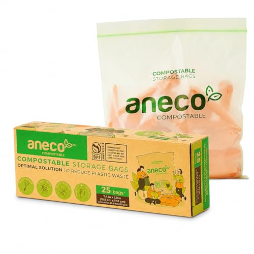 ANECO 100% Compostable Food Storage Bags - Extra Thick Resealable Sandwich Bags for Meal Prep Food Storage Carrying - Food Safe Disposable Freezer Snack Bags Quart Size (25 Bags)