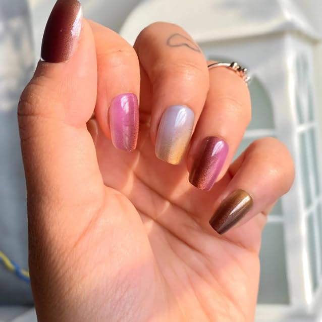 Image of 24 Pcs Reusable Artificial Nails Fake Nails with Glue and Kit|Sunset Metallic Shimmer Colour Shift Press On Nails | Medium Square | Cat Eye Chrome Effect | Long Lasting UV Protected ABS |Salon fresh look