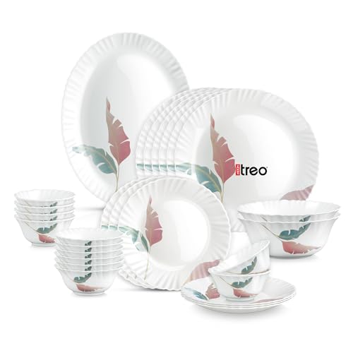 Image of Treo by Milton Opalware Aurelia Palma Dinner Set of 27 | Serving for 6 | Microwave & Dishwasher Safe | Bone-Ash Free | Tempered Toughness | Plates & Bowls | Crockery Set for Dining & Gifting