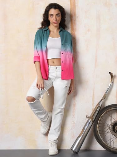 Image of HIGH Star Oversized Ombre-Dyed Cotton Shirt for Women | Stylish Tops for Women | Comfortable and Trendy Casual Shirt