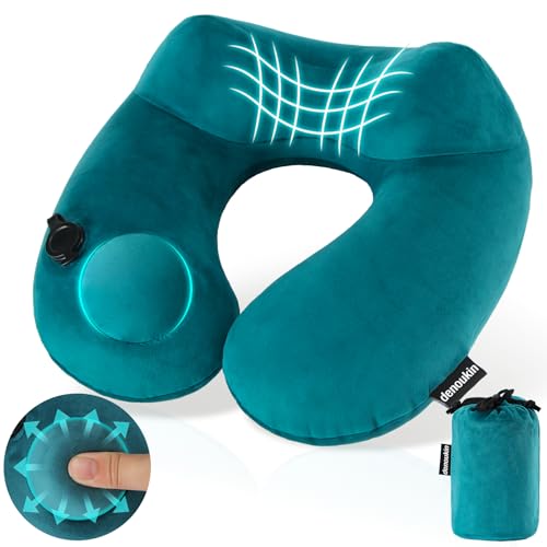 denoukin Inflatable Neck Pillow for Travel with Built-in Pump Ergonomic Contour Support Soft Plush Cover & Carry Pouch Compact for Airplane Car Train Sleeping Lake Blue