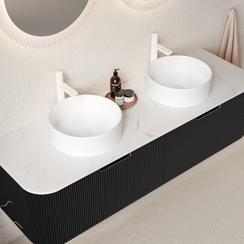 Image of KEIKI 60 inch Bathroom Vanity with Sink, Wall-Mounted Floating Bathroom Vanity with Curved Edge Striped Front, 2 Drawers & 2 Round Ceramic Basins, Pre-Assembled Storage Cabinet, Black