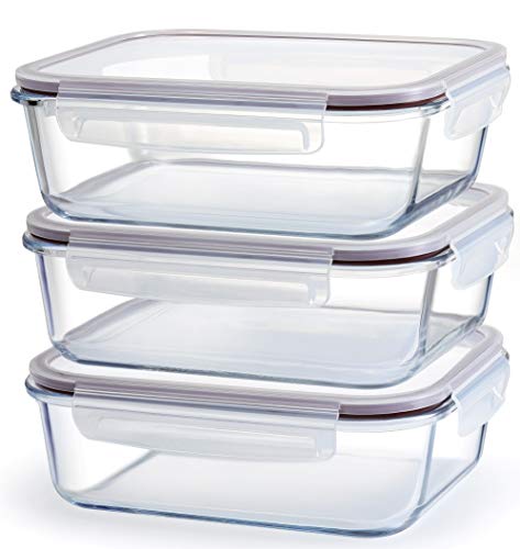 Franklin Lade Glass Food Storage Containers | 3 Pack Large Set 52oz/6.4 cup | BPA-Free Airtight LeakProof Lid | Glass Food Containers | Glass Containers with Lids | Oven, Freezer & Dishwasher Safe