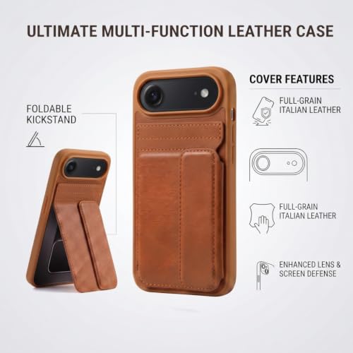Image of amazon basics Luxury Vegan Leather Back Cover for iPhone 17 Air | Built-in Card Holder Slot | Integrated Mobile Stand | Slim Shockproof Protective Case with Stitched Finish - Tan
