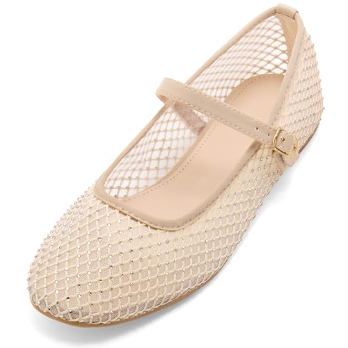 Perphy Rhinestone Mesh Ballet Flats Buckle Strap slip on Ballerina Shoes Mary Jane Flat for Women Champagne 6 UK/Label Size 8 US