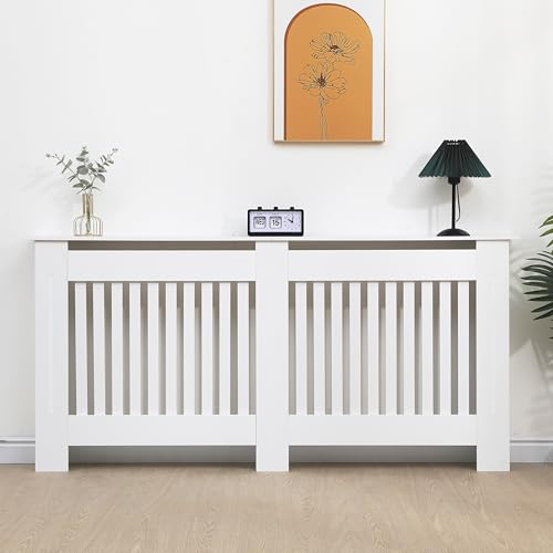 Vivo Technologies Radiator Cover White Modern Horizontal Slats, Extra Large XL Radiator Cover Grill Shelf Cabinet MDF Wood Decorative Heater Cover,White,W 172 x H 82 x D 19 cm