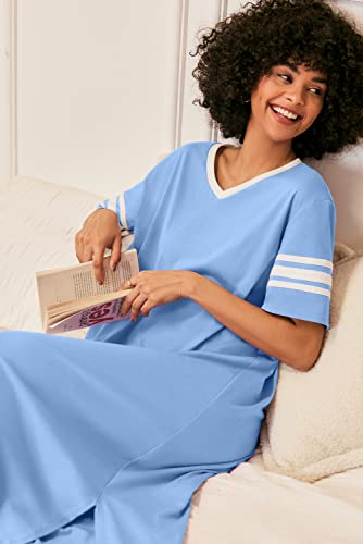 Image of Ekouaer Long Nightgown, Womens V Neck Loungewear Oversized Sleepwear Loose Sleep Dress S-4XL