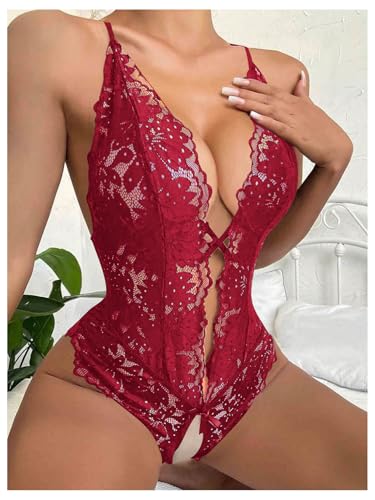 SOLY HUX Women's One Piece Lingerie Sexy Lace Babydoll Deep V Teddy Criss Cross Backless Teddy Mini Bodysuit2
