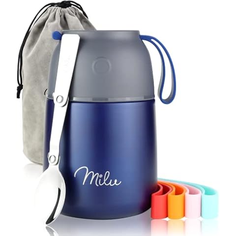 Milu® Thermal Container 450, 650 ml, Stainless Steel Warming Container, Food Container, Baby Food, Keep Food Warm Container, Thermal Lunch Box, Cereal to Go, Navy Blue, 450 ml Cover