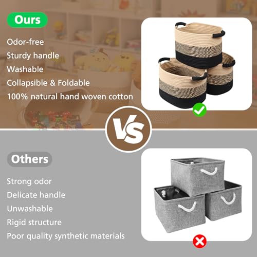 Mozvvco 3er Set Großer Aufbewahrungskorb aus Baumwollseil, Handgewebt Baumwolle Korb, Wäschekorb Organizer Körbe, Spielzeugkorb für Regal, Bad, Badzimmer, Wohnzimmer, Kinderzimmer, Khaki-Schwarz