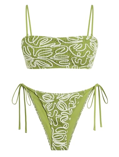Image of ZAFUL Women Strapless Textured Bandeau Bikini 2 Piece Swimwear Cheeky Solid Lace up Bathing Suits