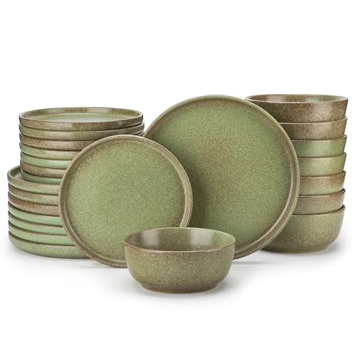 Image of vancasso Plates and Bowls Sets, 24 Pieces Stoneware Dinnerware Set for 8, Ceramic Dish Set for Kitchen, Microwave and Dishwasher Safe, Mossy Green, Series ZERMATT