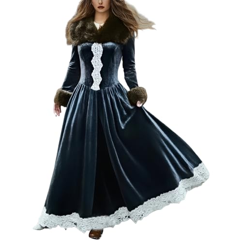 Generisch Vestido medieval de terciopelo para mujer con piel sintética - Vestido maxi de manga larga de estilo victoriano | Disfraz histórico para eventos y fiestas temáticas, Style_b01 Navy, S