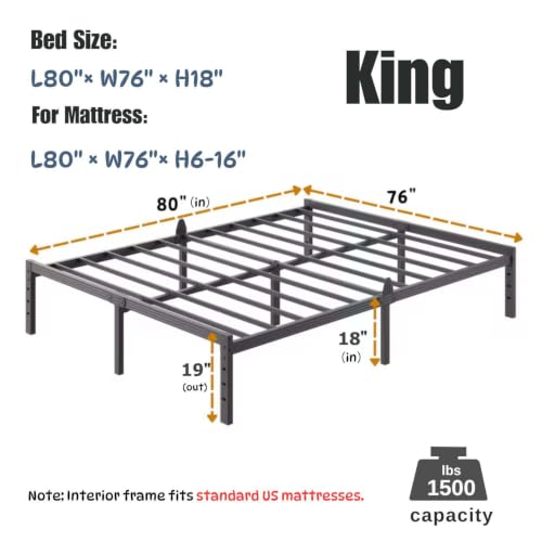 Image of ZIYOO 18 Inch King Size Metal Platform Bed Frame,Mattress Anti-Slip Design