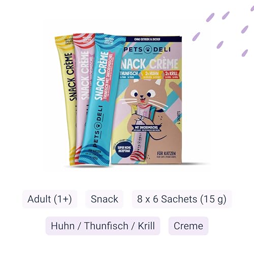 Pets Deli Creme Snack für Katzen mit Huhn, Thunfisch & Krill, 8x90g