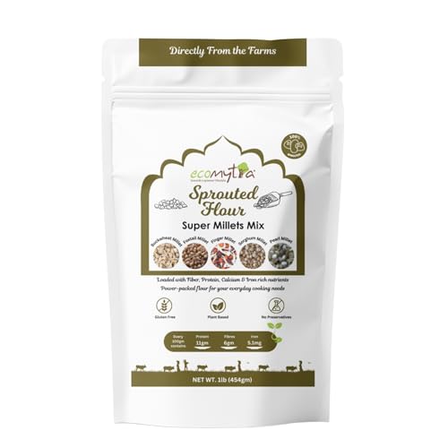 Ecomytra Sprouted Super Millets Mix Flour â€“ 100% Sprouted Ancient Millet Grains â€“ Gluten Free, High Fiber, Plant Based & Non-GMO â€“ No Preservatives â€“ Perfect for Rotis, Dosa, Porridge & Baking â€“ 1lb (454g)