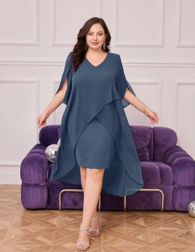 Image of Hanna Nikole Womens Plus Size Chiffon Cocktail Dress Ruffle 3 /4 Sleeve Wedding Guest Party Dresses with High Low Hem