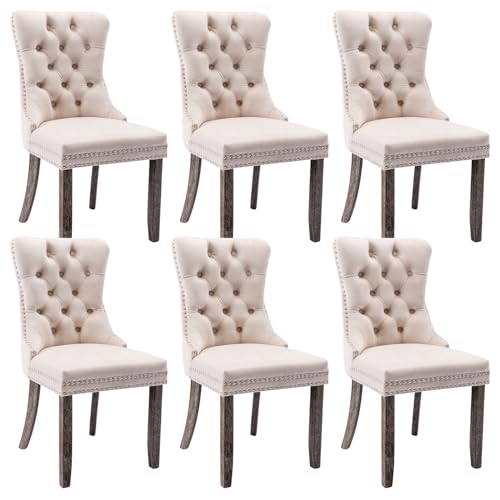 Image of Virabit Velvet Dining Chairs, Tufted Upholstered Dining Chairs with Nailhead Back and Ring Pull Trim, Solid Wood Dining Chairs for Kitchen /Bedroom /Dining Room (Beige, Set of 6)