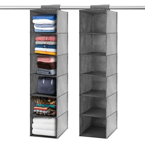 Chostky 2PCS Hanging Wardrobe Organiser, 6 Shelves Hanging Storage Organiser, Hanging Storage Shelves Clothes Organiser Closet Storage Hanging Shelves Unit for Bedroom Home