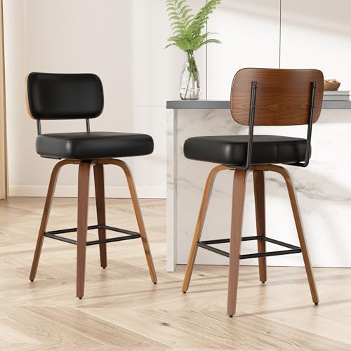 Image of Swivel Bar Stools Set of 2, 26 inch Upholstered Faux Leather Counter Height Barstools with Walnut Back & Bentwood Legs, Mid Century Modern Bar Chairs Island Stools for Kitchen Counter, Black