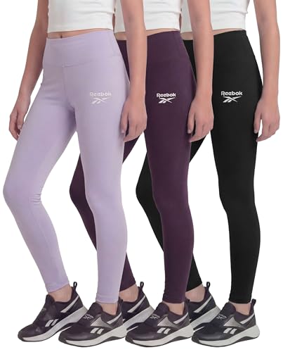 Reebok 3 Pack: Girls Leggings Athletic Dance Cheer Workout Pants for Kids Teens Tweens Youth Activewear Bottoms - (Size 6-16)- Set 5 S (6-7)