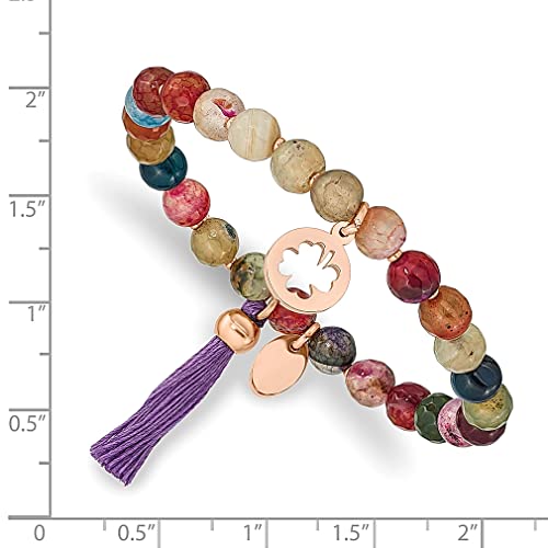 Ice Carats Stainless Steel Rose Plated Clover 6Mm Multi Color Agate Beaded Stretch Bracelet Tassel Adjustable Wrap Good Luck Natural Stone Shell Wood Fashion Jewelry For Women Gifts For Her #TOP2