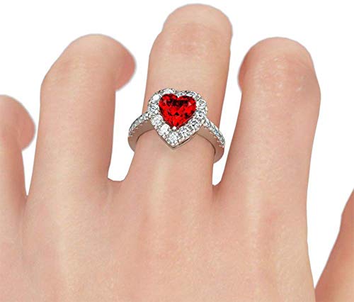 Bib Jewelry Red Ruby Heart Shape Gemstone Plated 925 Silver Wedding Rings for Women Bridal Fine Jewelry Engagement Bague Accessories Size 6-102