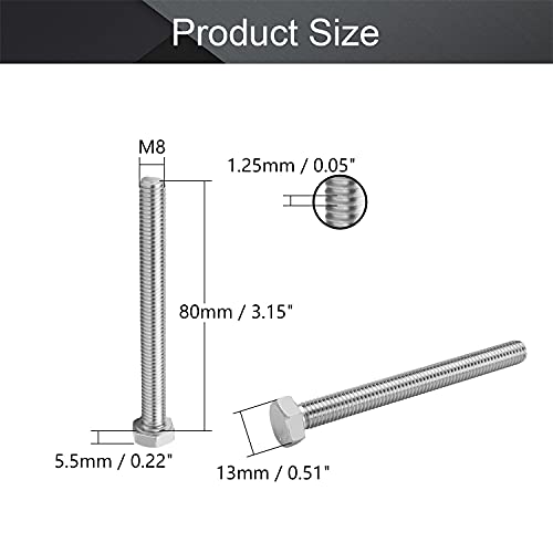 Image of MroMax 5Pcs M8-1.25 x 80mm Hex Head Screws Bolts, 316 Stainless Steel | Fully Threaded, Marine Grade A4-316, Corrosion Resistant, Silver, for Machinery & Marine Hardware, Replacement Fasteners