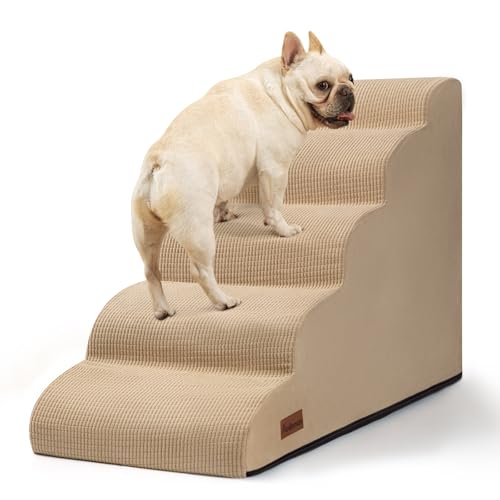 Image of Aodisman Dog Stairs for High Bed,5-Step Pet Ramp for Small Dogs and Cats | 22.2 inch H Dog Steps for Bed with High-Density Foam, Help Olders,Short-Legged Dogs,Puppy and Cats Get on Beds Easily,Grey,Khaki