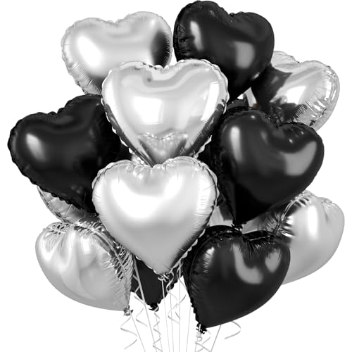 Image of Black Silver Heart Balloons, 10 Pcs 18 Inch Metallic Silver Black Heart Shaped Balloon Foil Balloons Helium for Boys Men Brithday Bridal Baby Shower Valentines Day Halloween Party Decorations